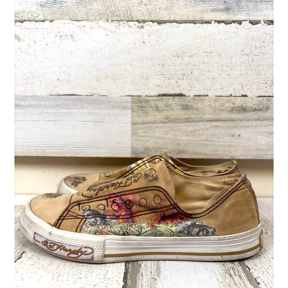 Ed Hardy Womens 6 Tan Multi Koi Fish Canvas Painted Slip On Sneakers